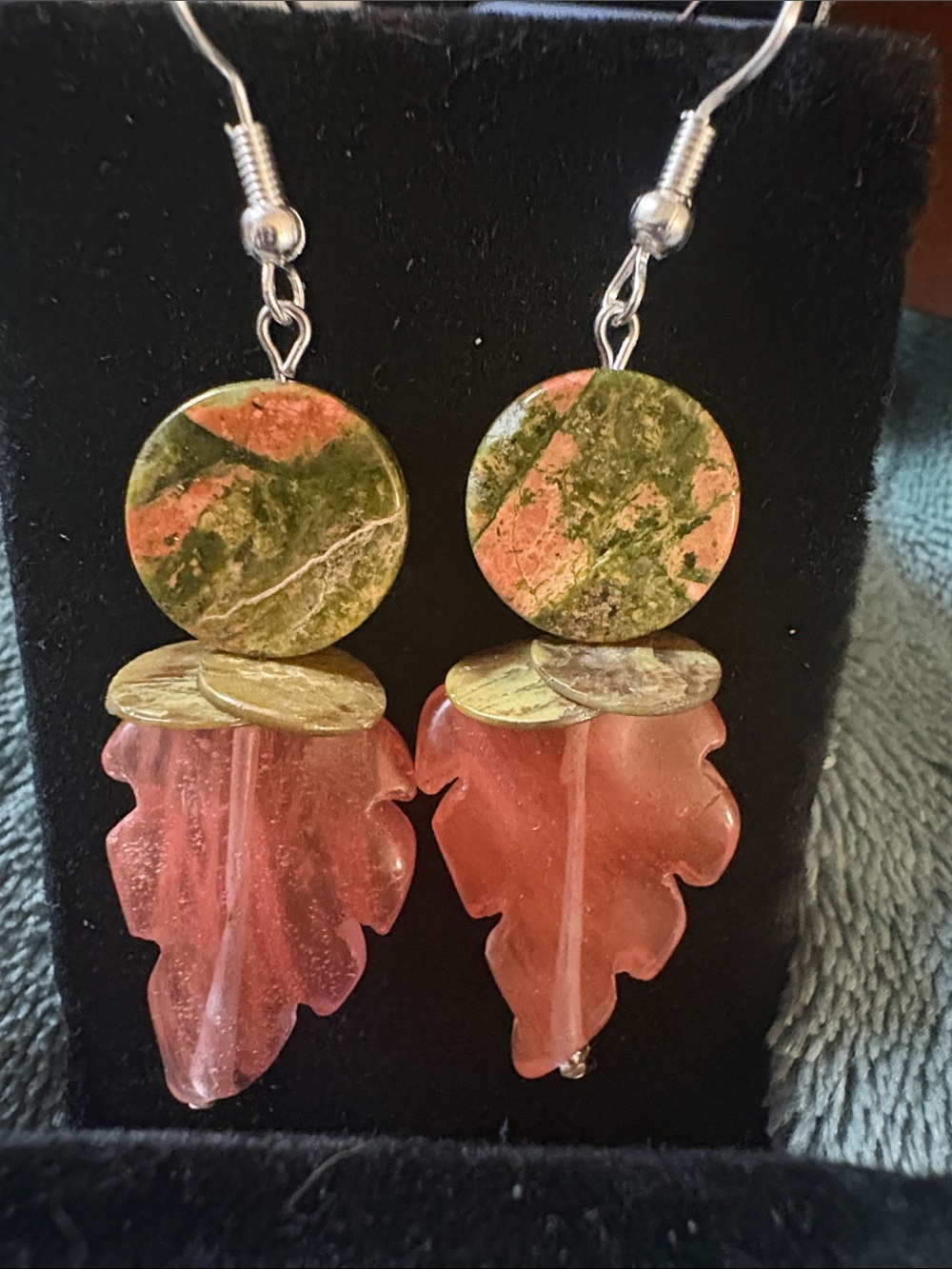 Hand Crafted Unakite and Cherry Quartz Leaf Drop Earrings